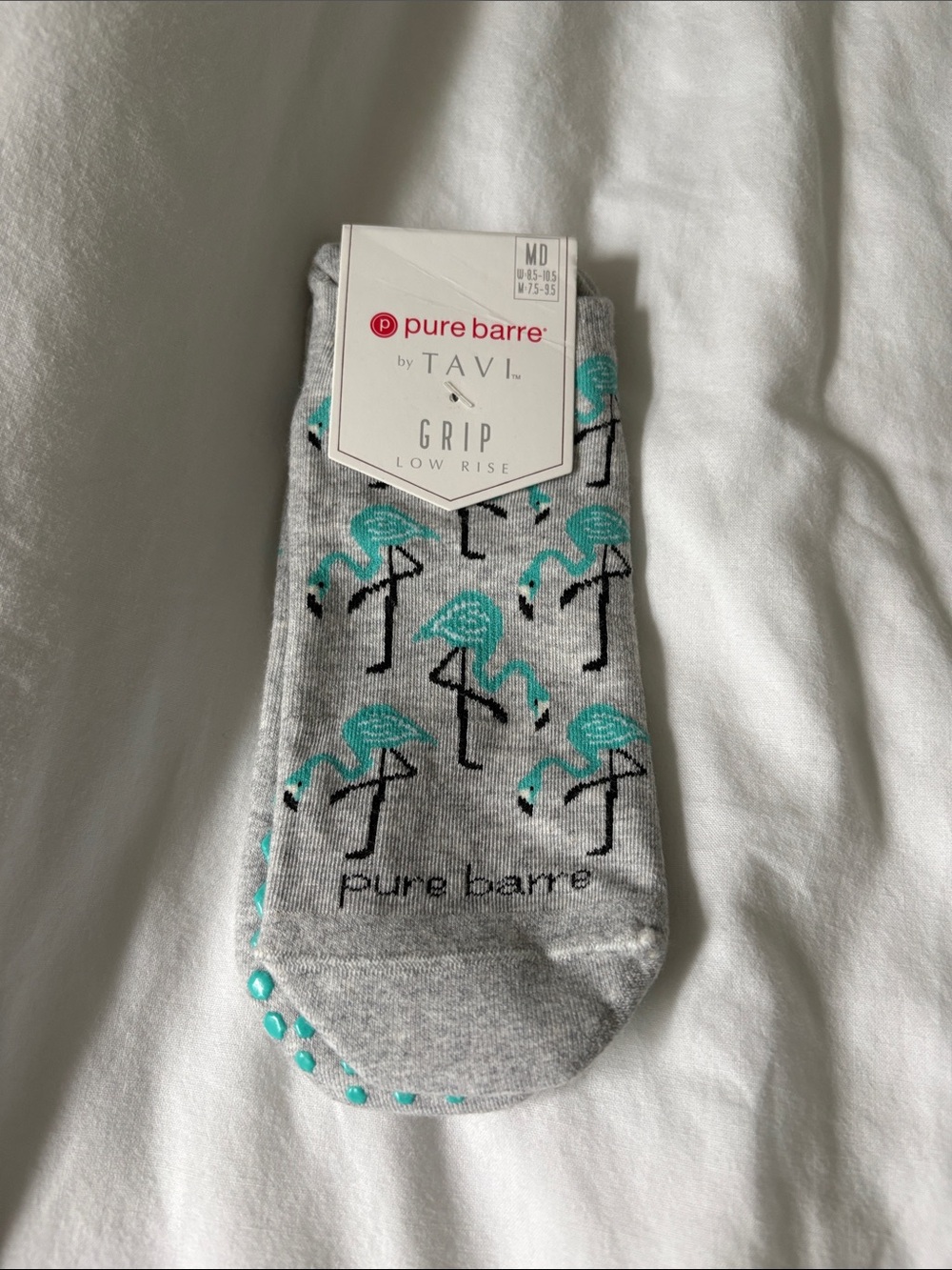 Pure Barre Gray Low Rise Grip Socks with Teal Flamingo Motif